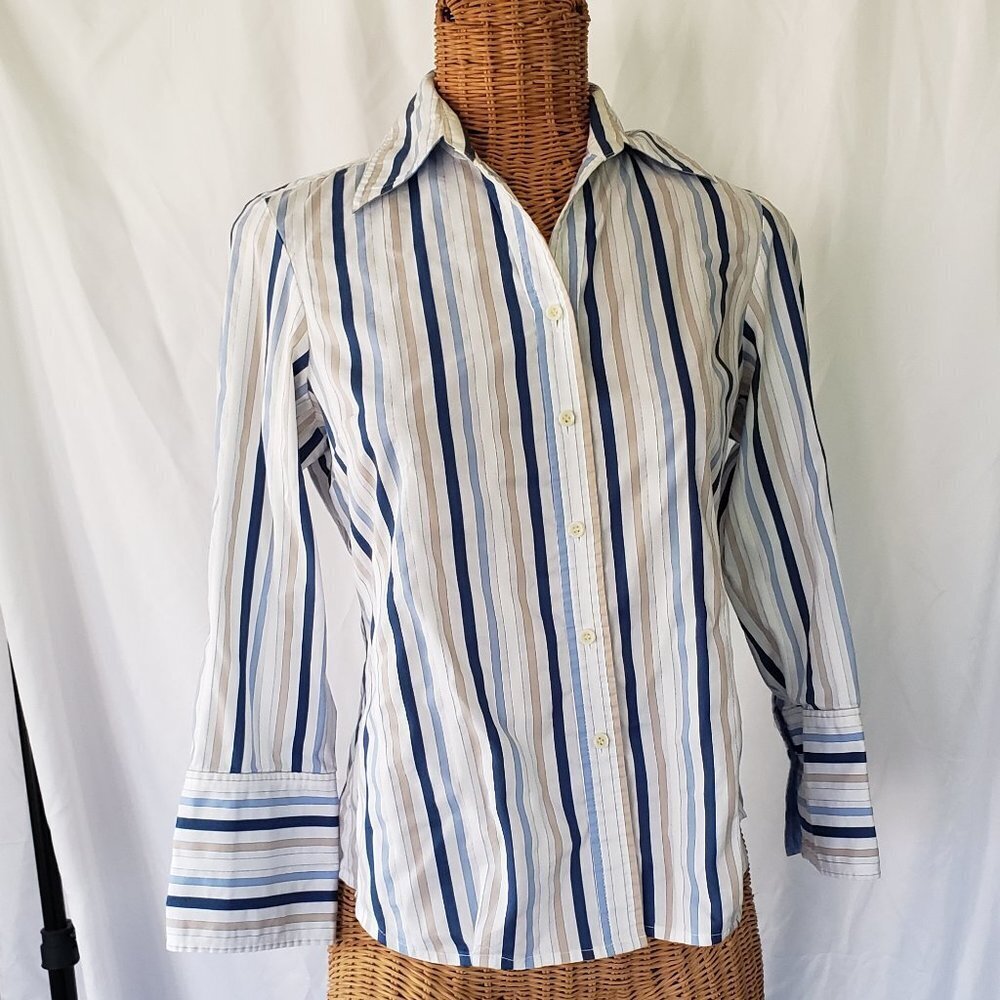 Talbot's Stretch Women's Long Sleeve Button Down Shirt Blue White Stripe Size S